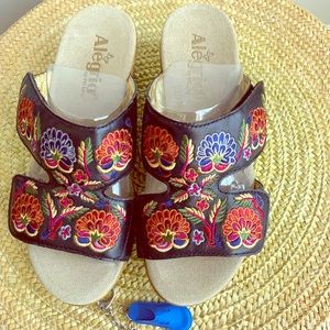 Alegria Embroidered Leather Wedge Sandals - Linn